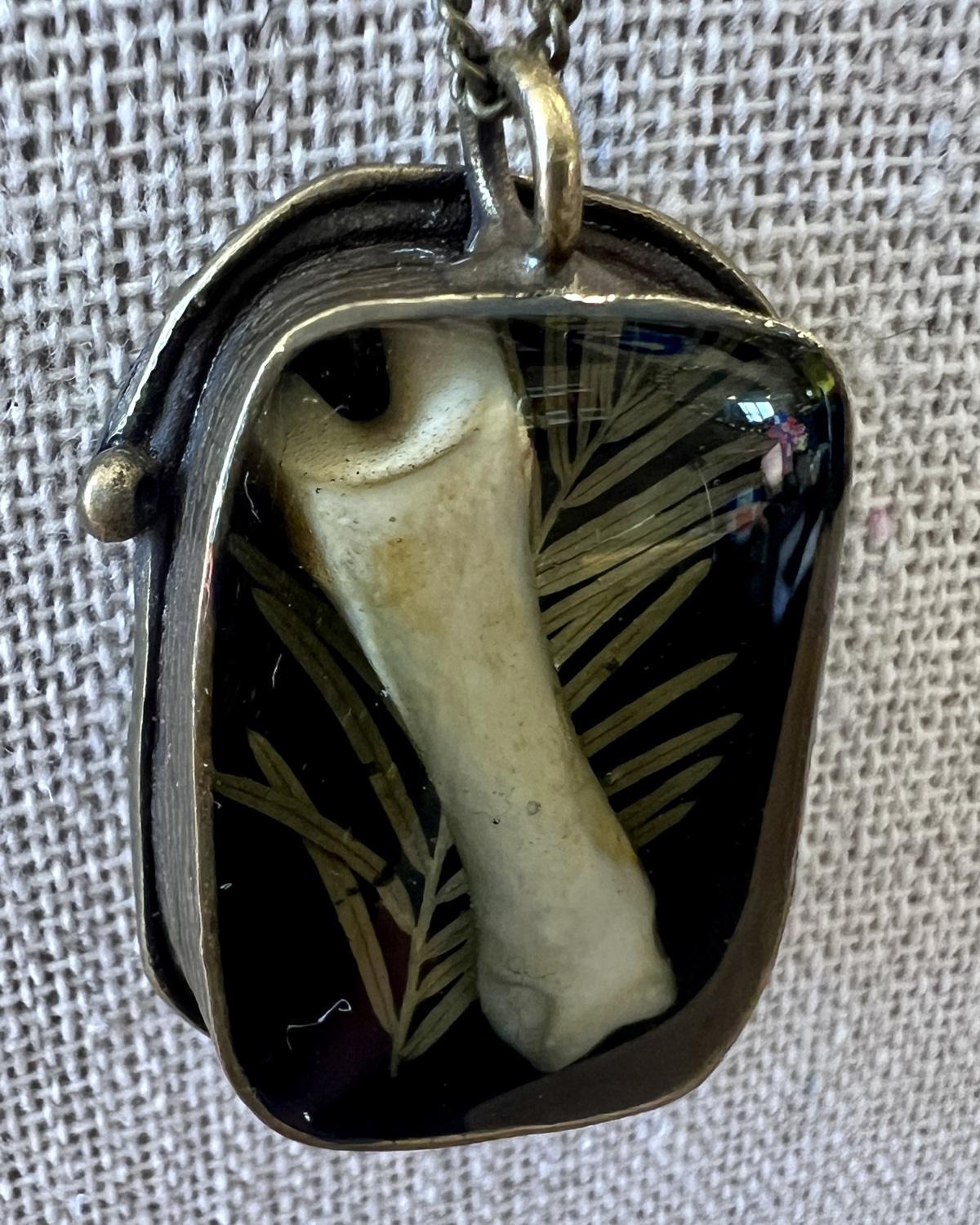 Pajaro Negro Coyote Bone Fern Brass Rectangular Pendant Necklace