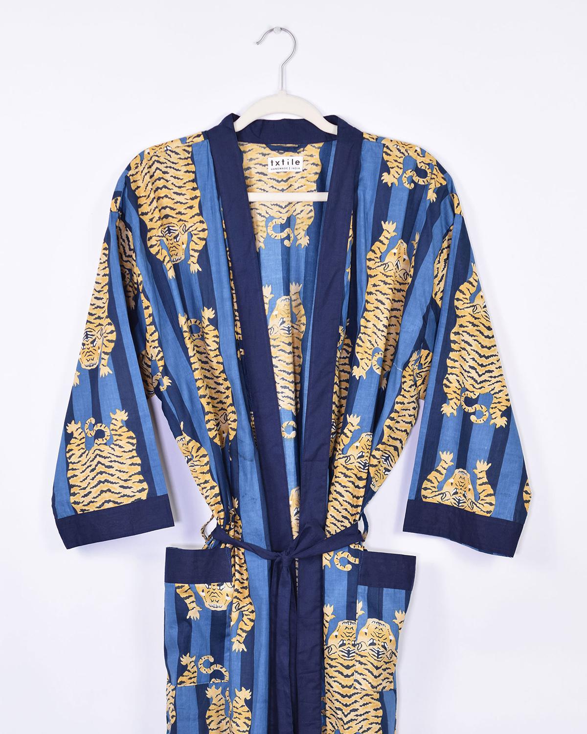 Txtile Lightweight Cotton Robe - Blue Tiger Print
