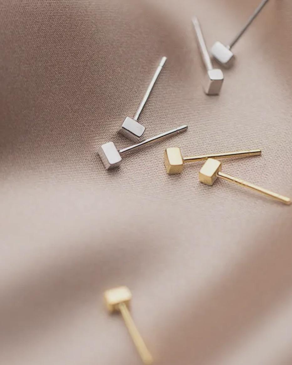 Perimade Tiny Cube Square Stud Earrings - Sterling Silver with Gold Plate