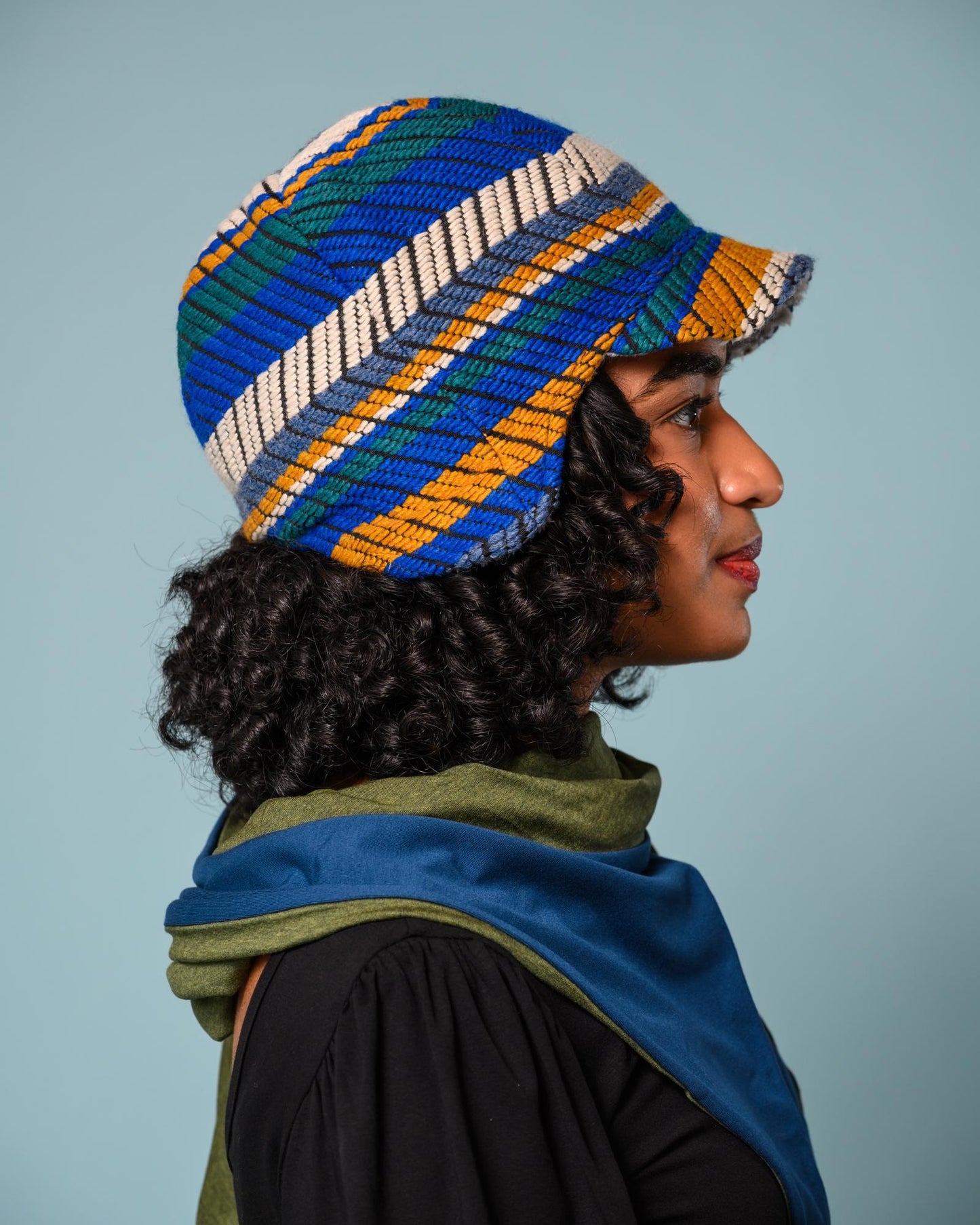 Squasht Darby Earflap Hat in Textured Blue & Gold & White Stripes