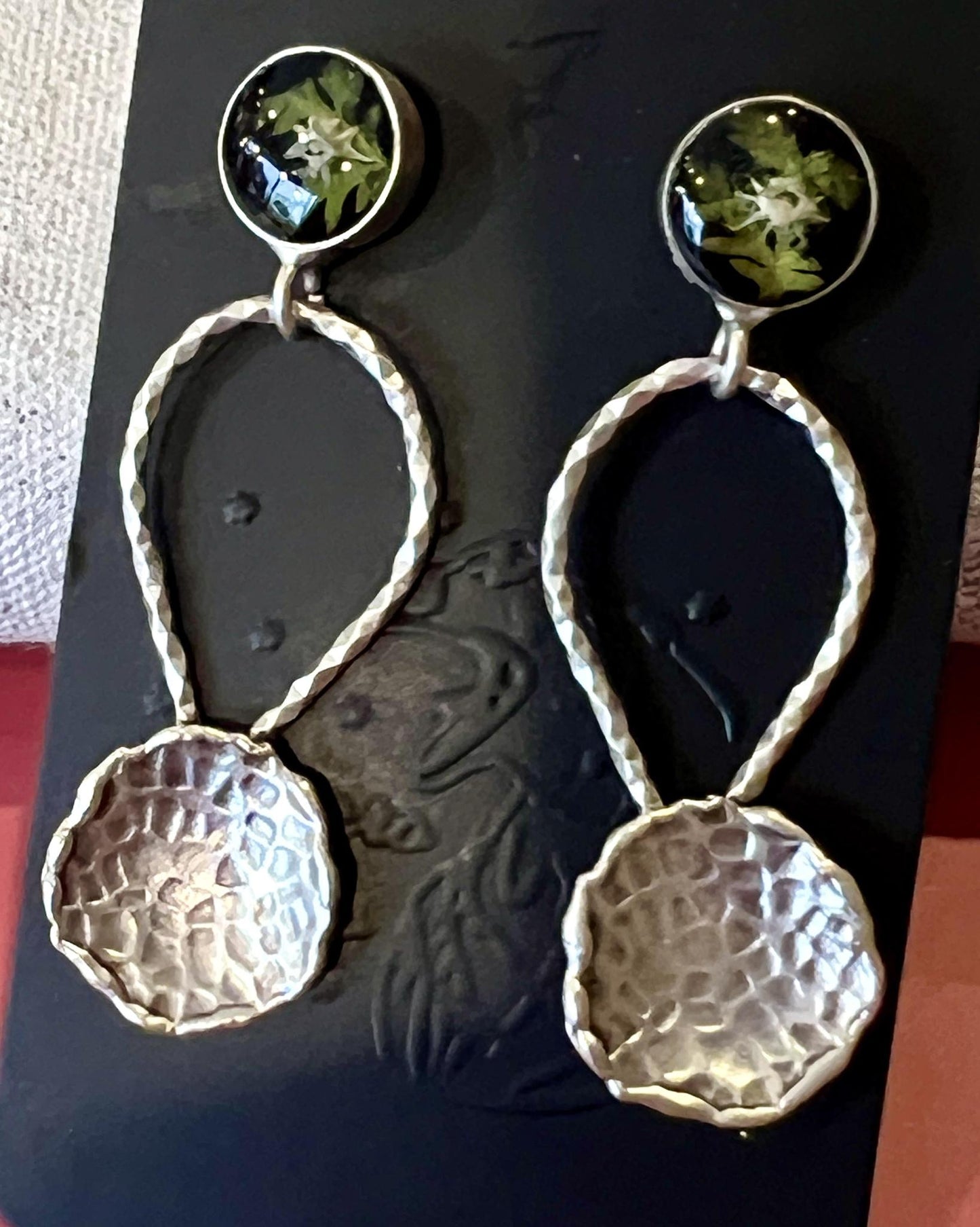 Pajaro Negro Hammered Circle Earrings w/ Python Vertebrae and Ferns