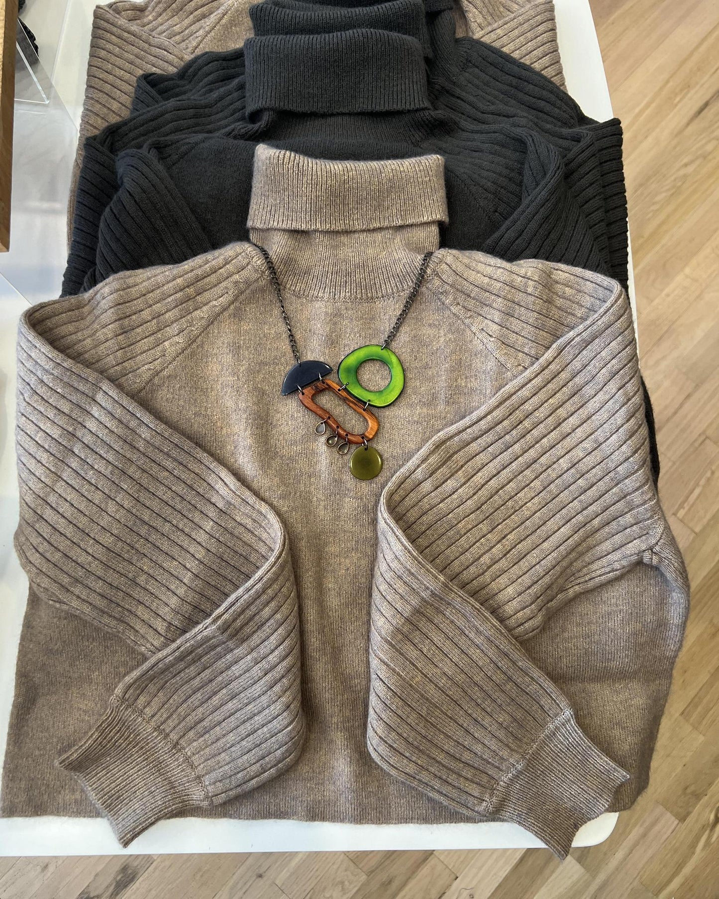 M Rena Ribbed Raglan Cropped Turtleneck Sweater in Magnet (Dark Gray)