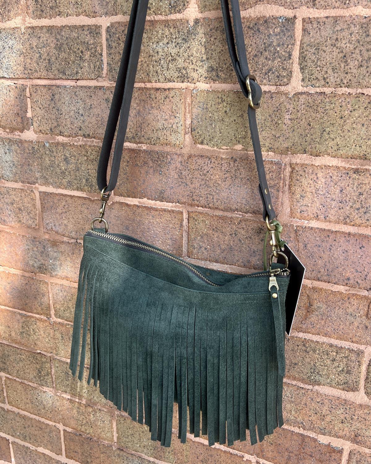 Vallente Leather Fringe Handbag in Forest Green