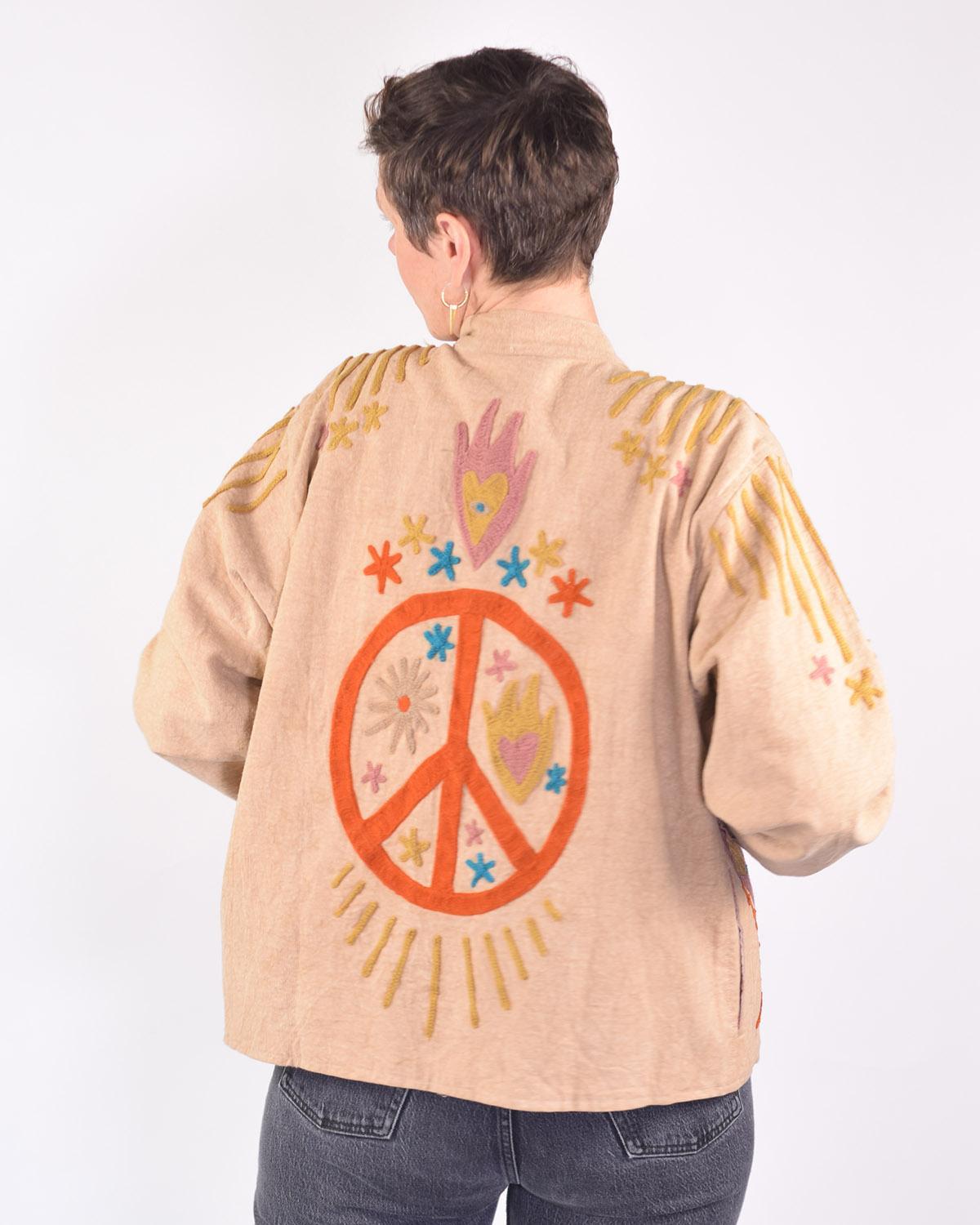 Txtile Dusty Taupe Lightweight Peace and Love Motif Canvas Embroidered Jacket