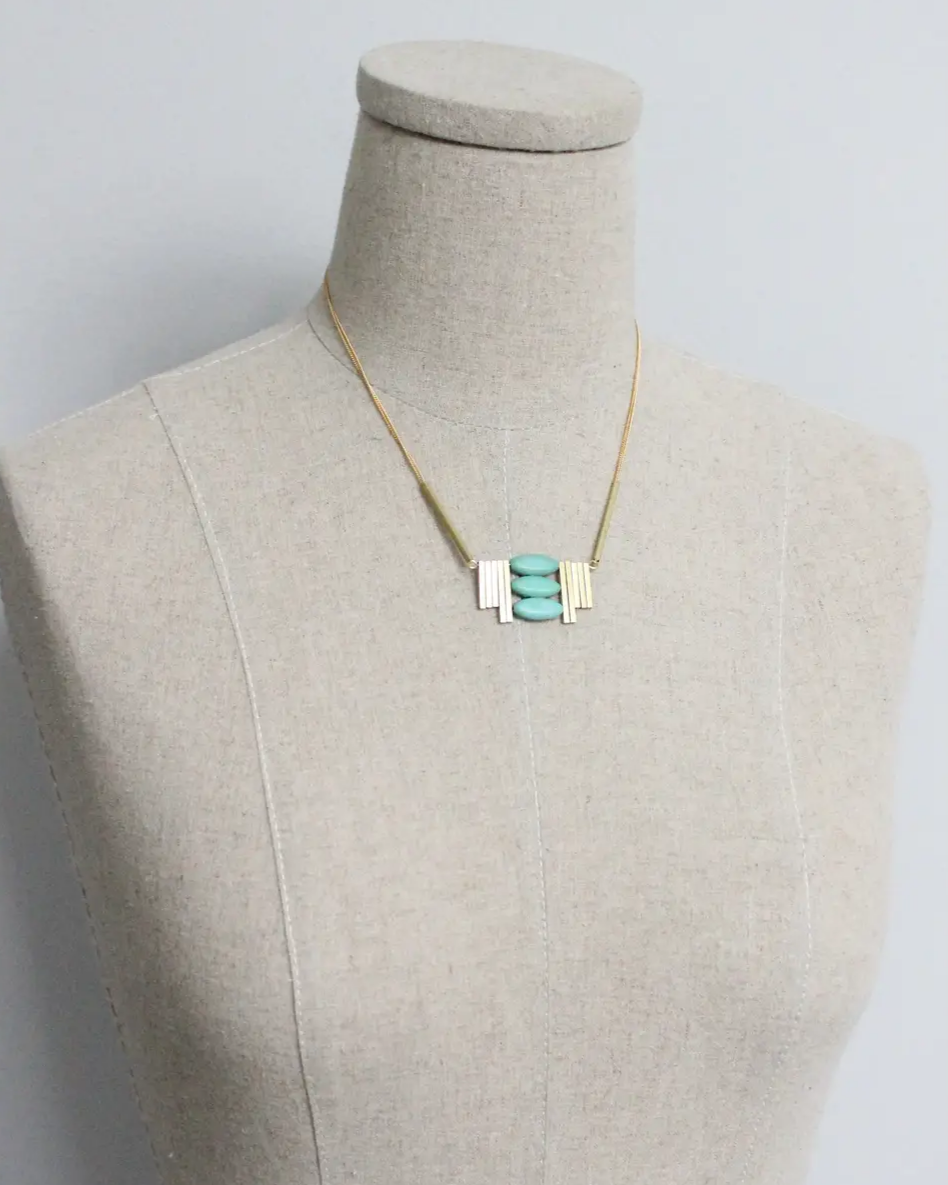 David Aubrey Turquoise and Brass Art Deco Necklace