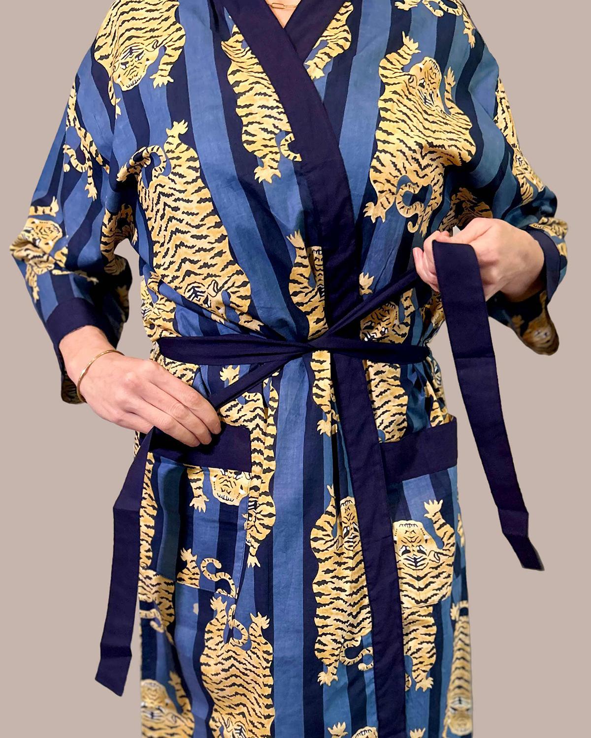 Txtile Lightweight Cotton Robe - Blue Tiger Print