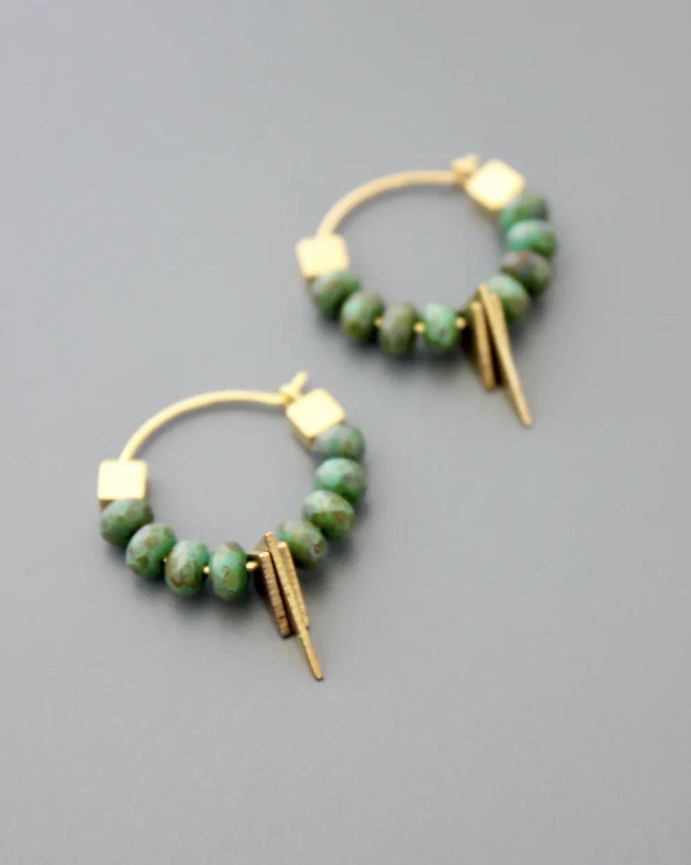 David Aubrey Green Glass and Brass Hoop Earrings