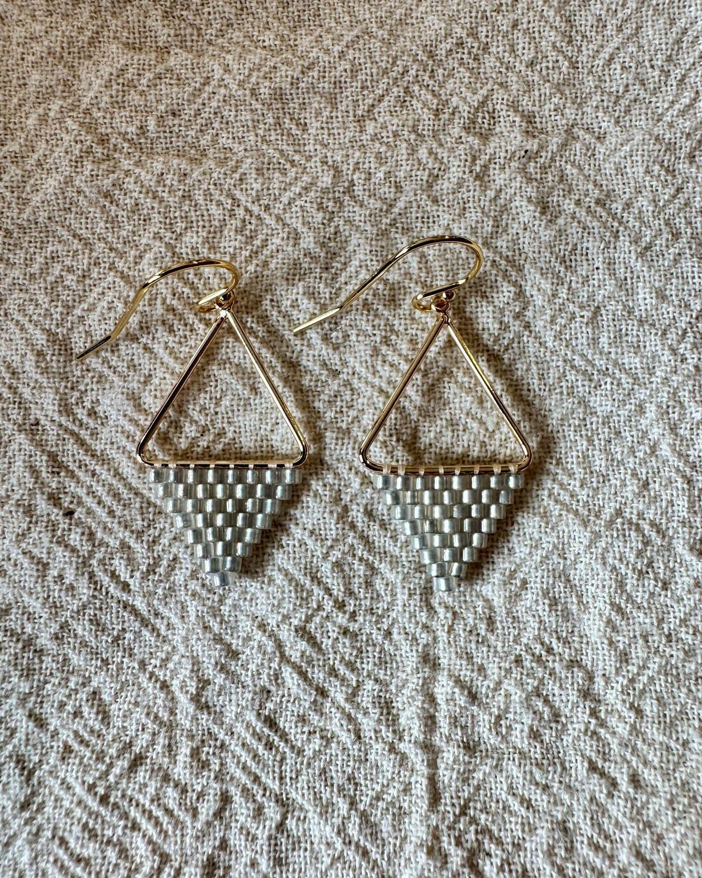 SV Beads Small Japanese Beaded Triangle Earrings in Pearly Gray