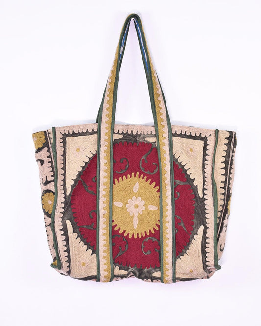 Txtile Velvet Embroidered Tote Bag - Shades of Tans and Reds