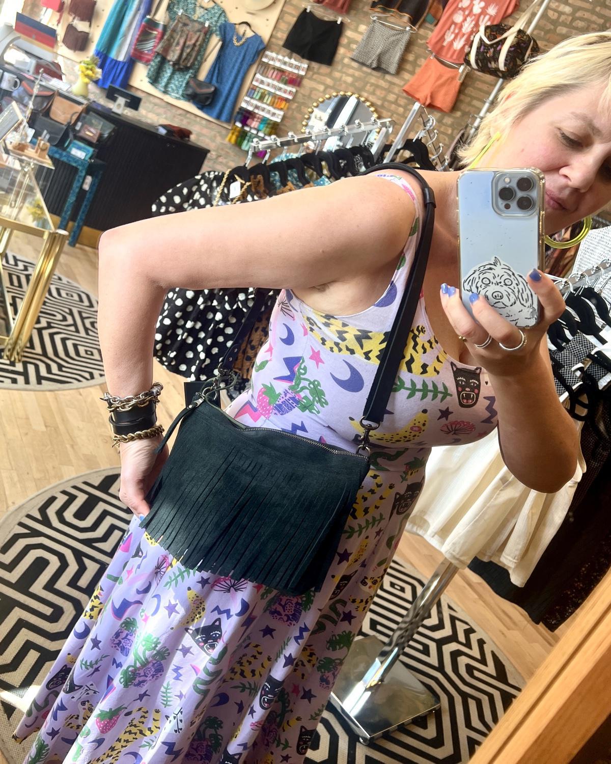 Vallente Leather Fringe Handbag in Forest Green