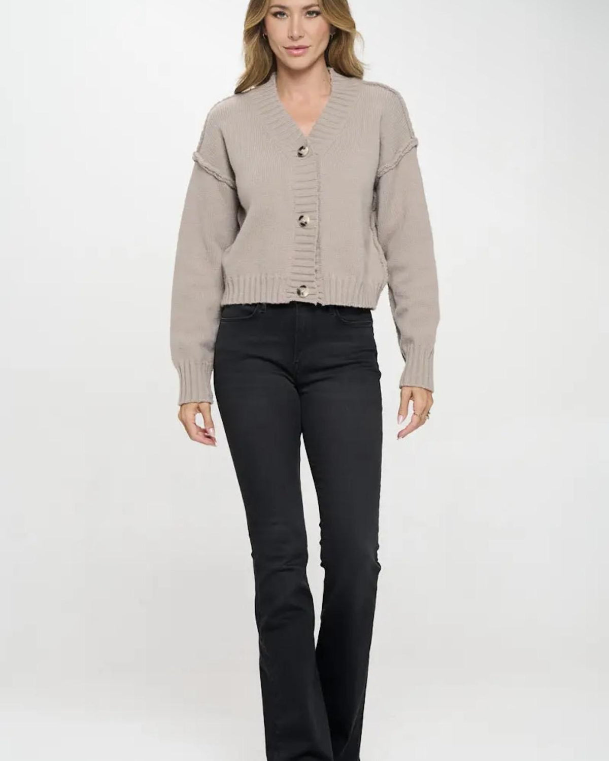 Renee C. Thick Knit Long Sleeve Cardigan with Buttons in Taupe