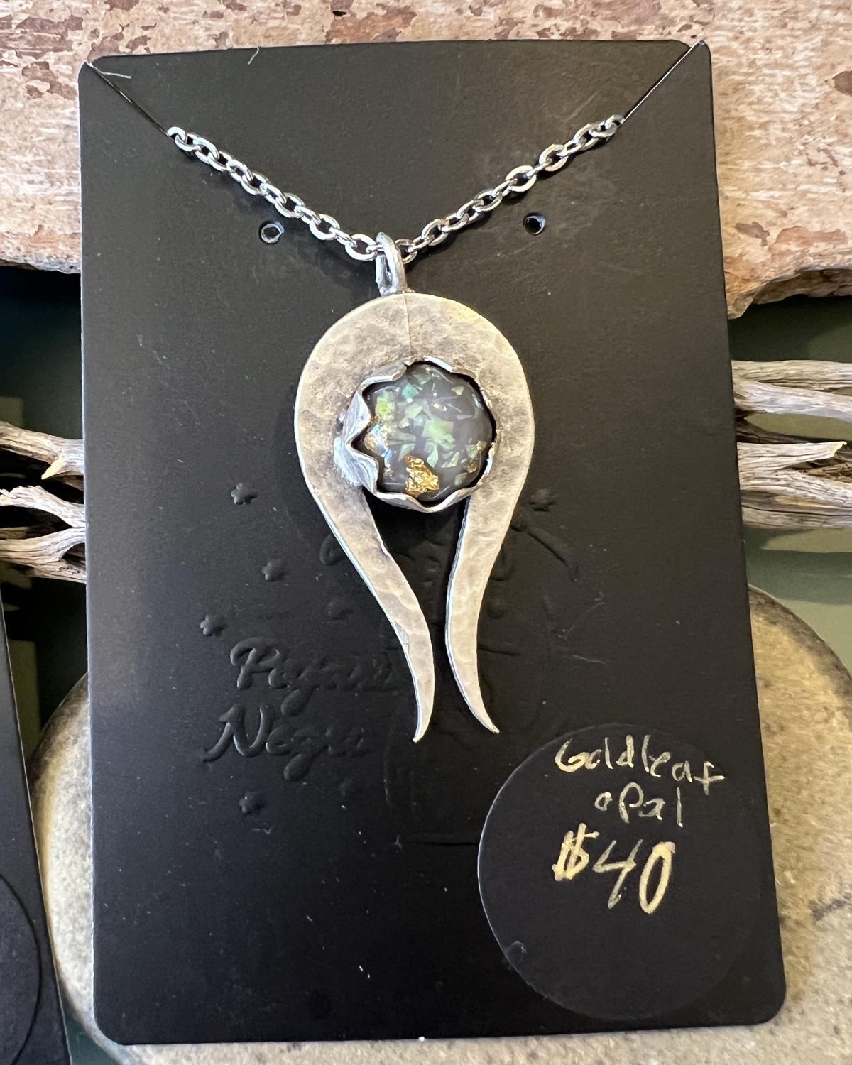 Pajaro Negro Gold Leaf Opal Hammered Silver Statment Necklace