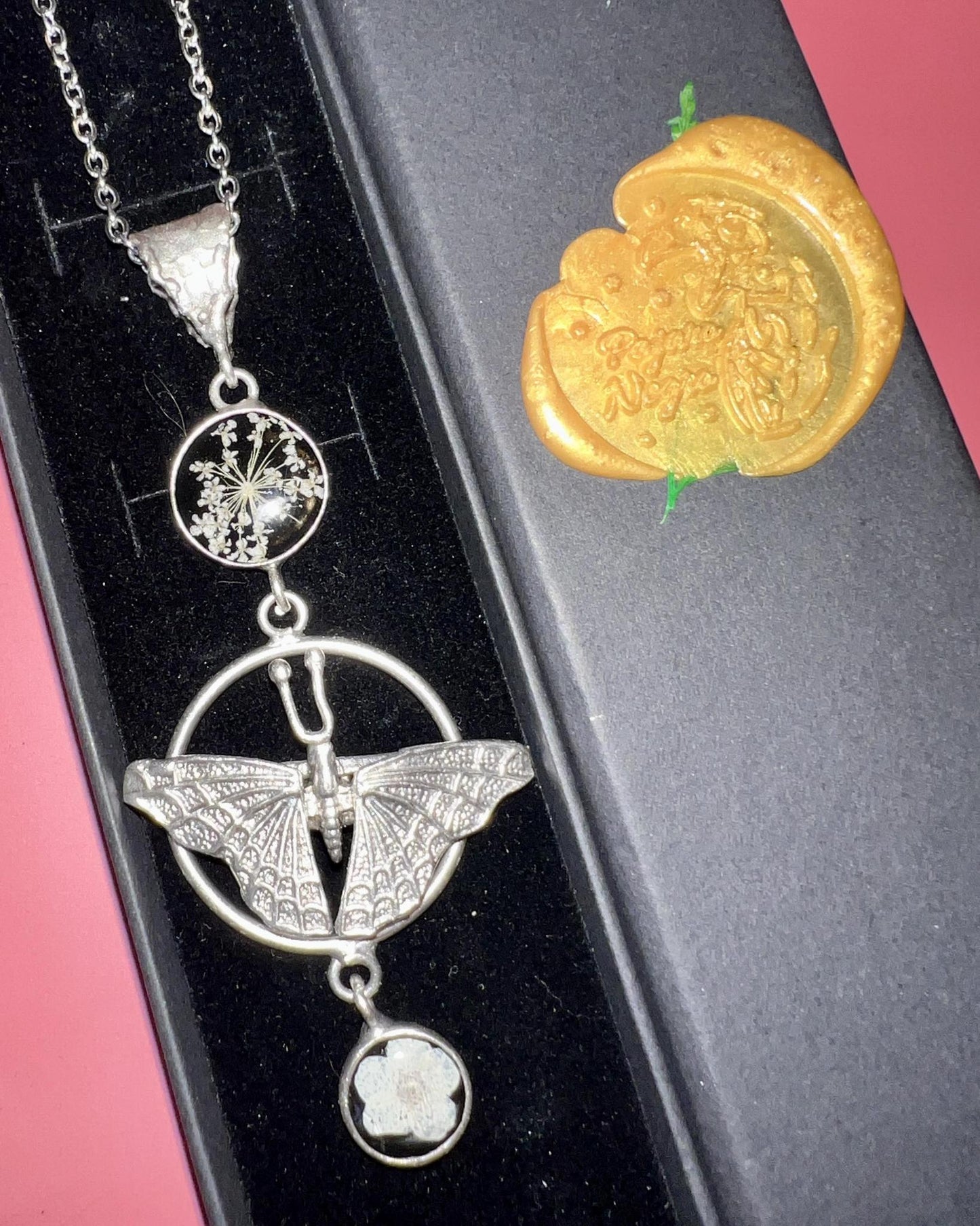 Pajaro Negro Butterfly and Floral Necklace in a Wax Sealed Box