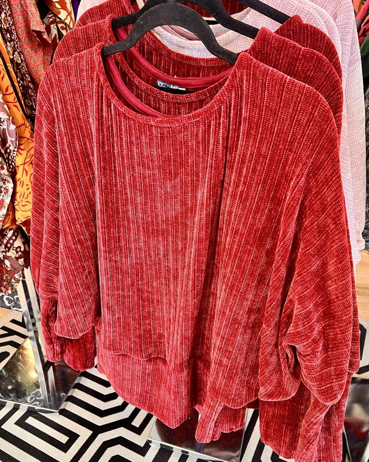 Squasht Batwing Sweater in Red Raspberry Plush Chenille Rib Knit
