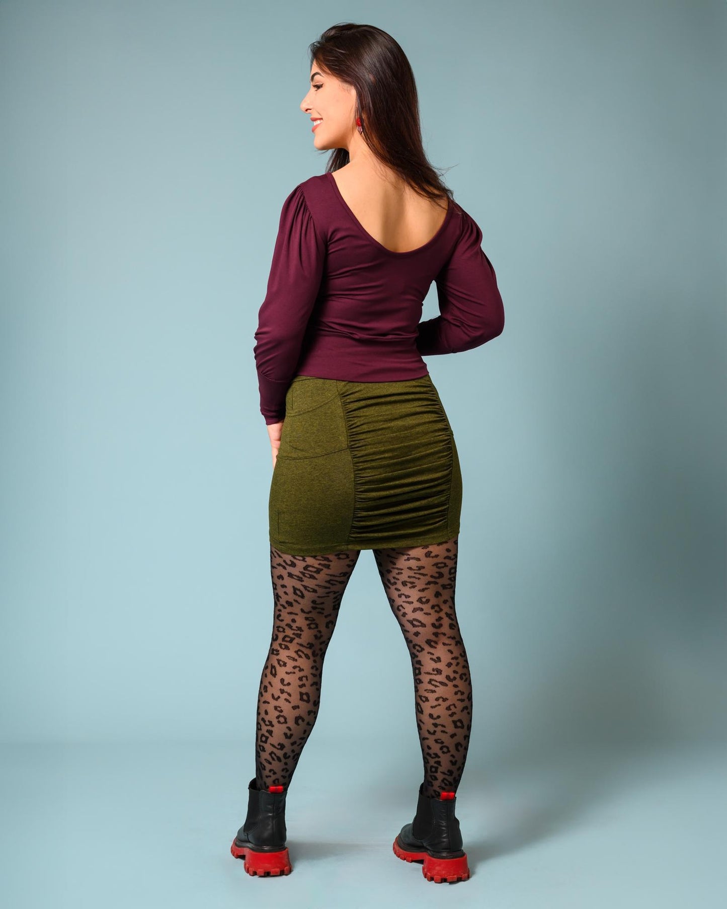 Squasht Ruched Mini Skirt in Olive Green