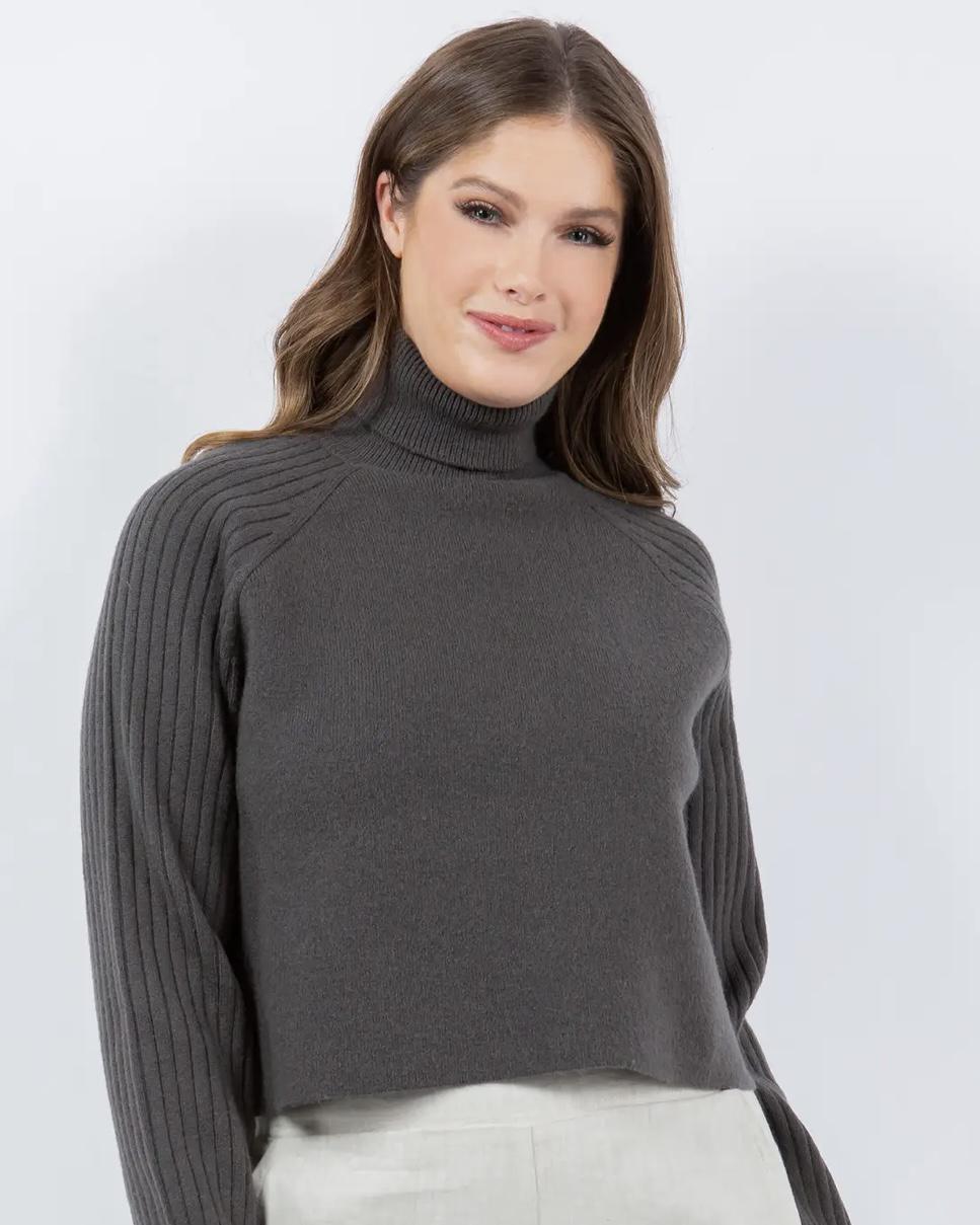 M Rena Ribbed Raglan Cropped Turtleneck Sweater in Magnet (Dark Gray)