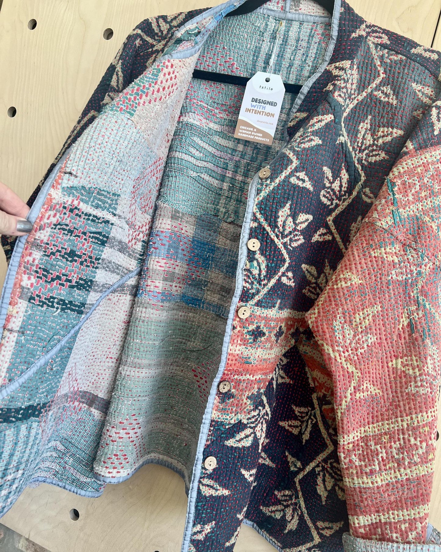 Txtile Charlie Quilted Reversible Patchwork Kantha Jacket in Arushi