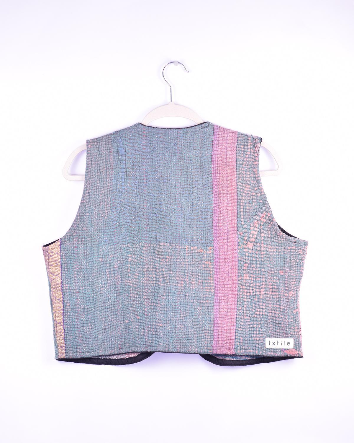 Txtile Maddie Quilted Reversible Patchwork Kantha Quilt Vest in Dusty Rose
