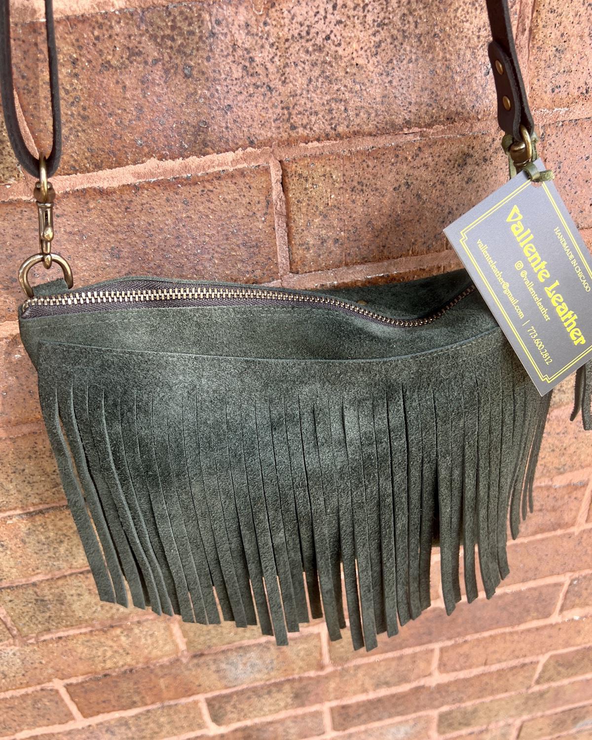 Vallente Leather Fringe Handbag in Forest Green