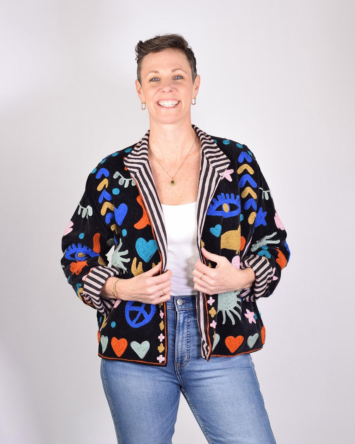 Txtile Black Velvet Jacket with Embroidered Peace, Evil Eye, Boots, Hearts Motif