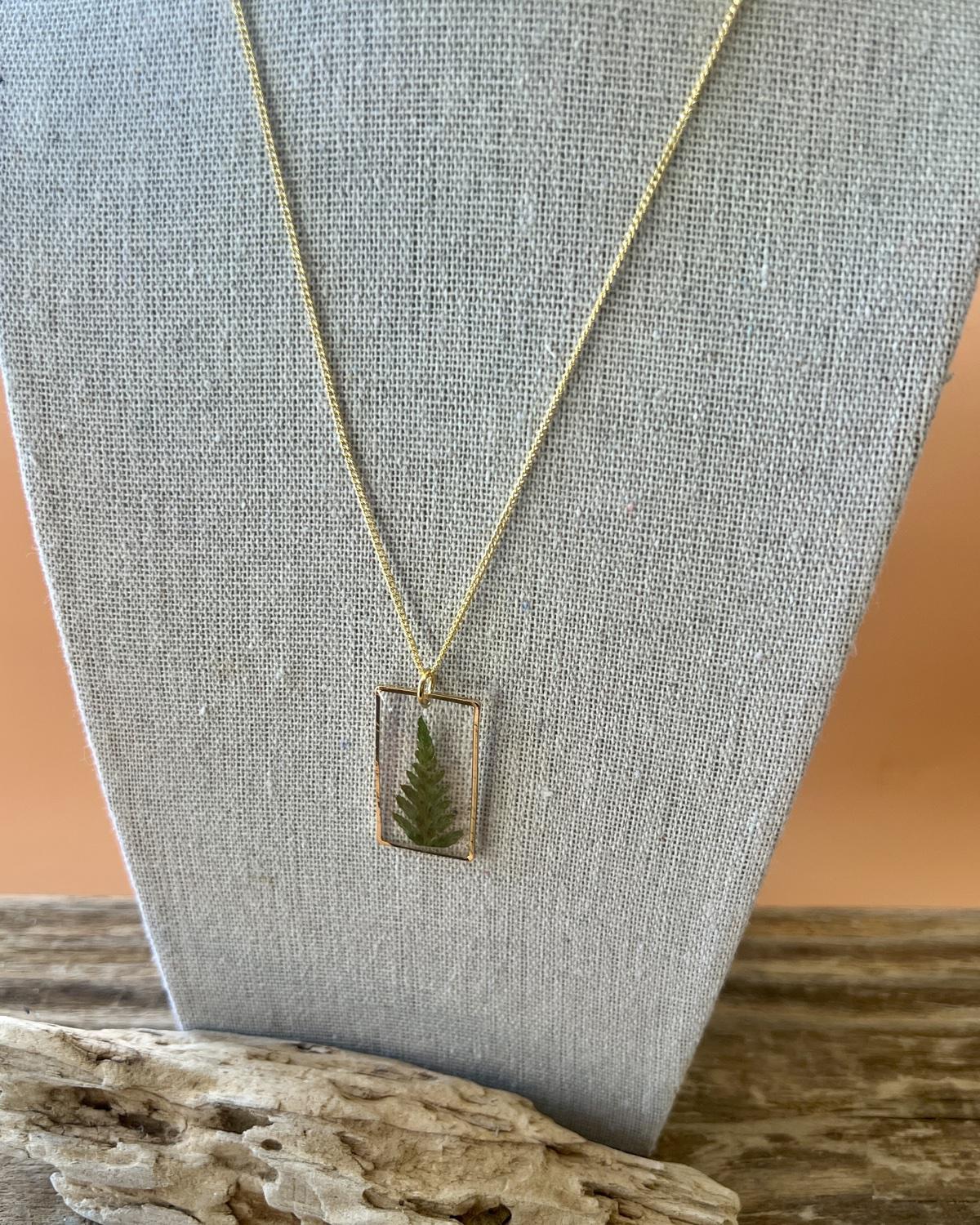 Pajaro Negro 18k Gold Fill Fern in Resin Pendant Necklace