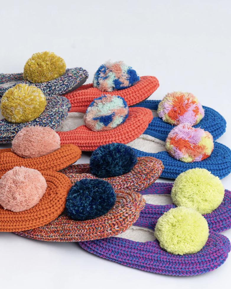 Verloop Marble Pom Rib Slippers in Wine Red