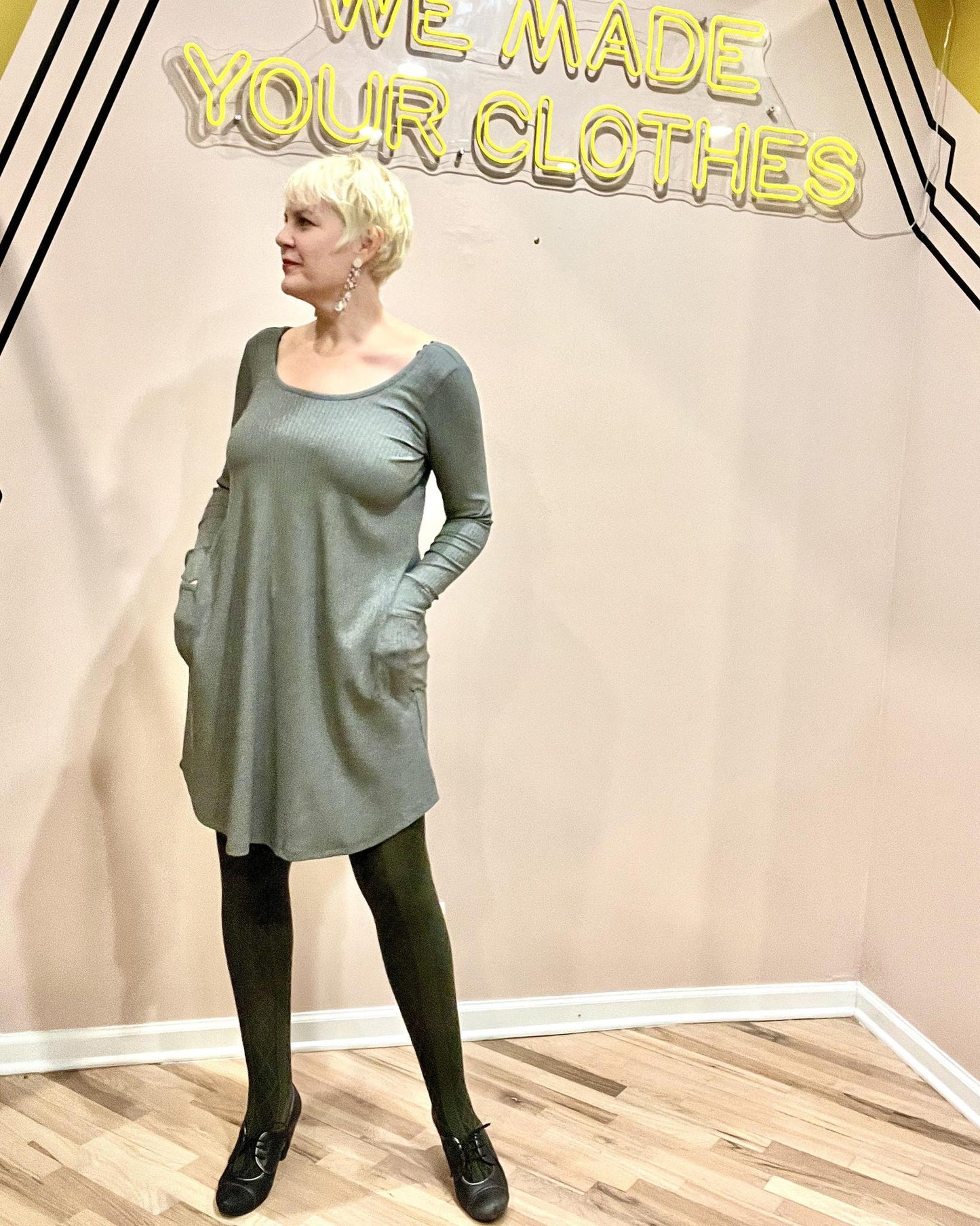 Squasht Long Sleeve Shift Dress V-neck/ Scoop Neck Heather Grey Rib Knit - SALE - Last One - Size Medium