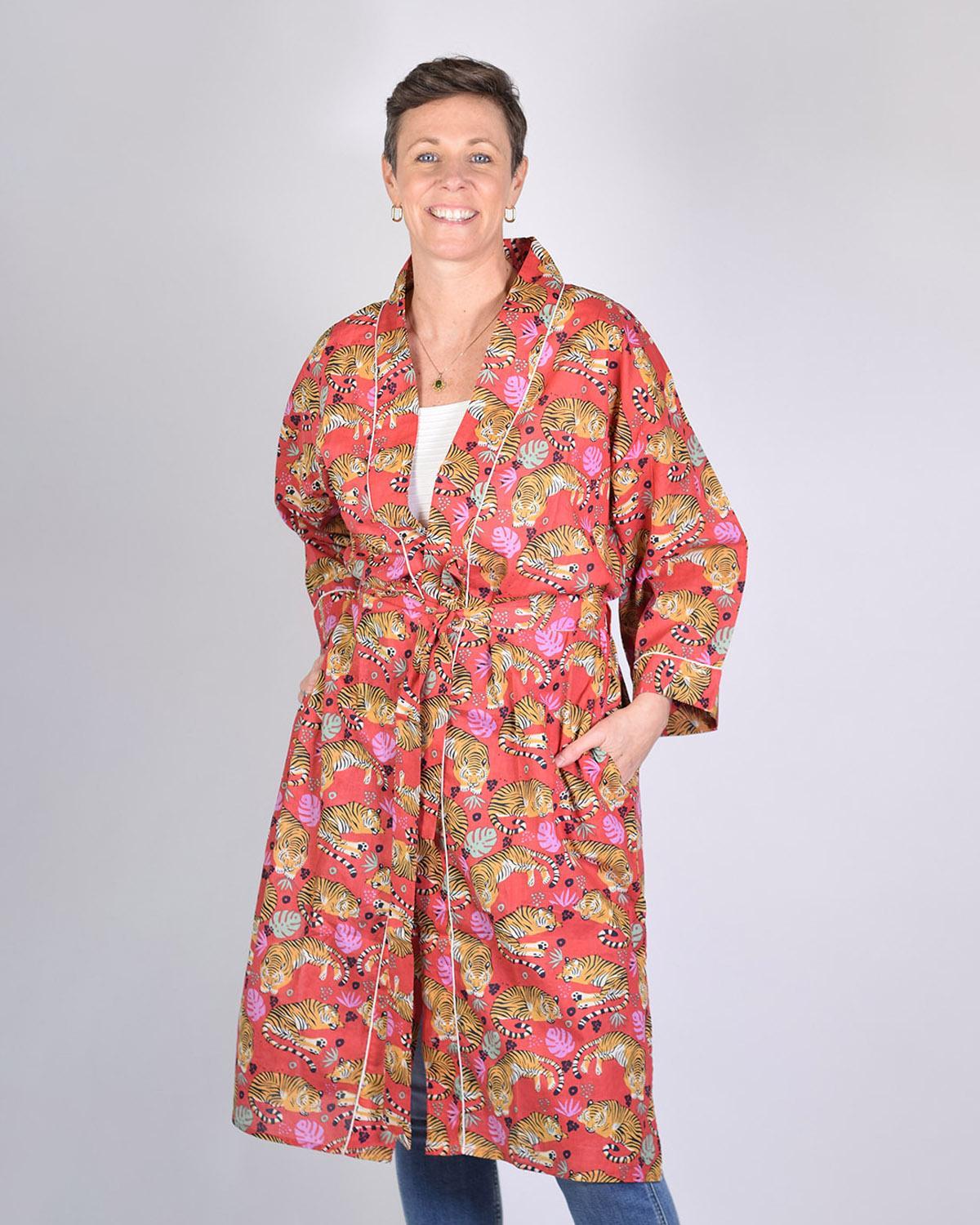 Txtile Lightweight Cotton Robe - Sleeping Tigers in Red