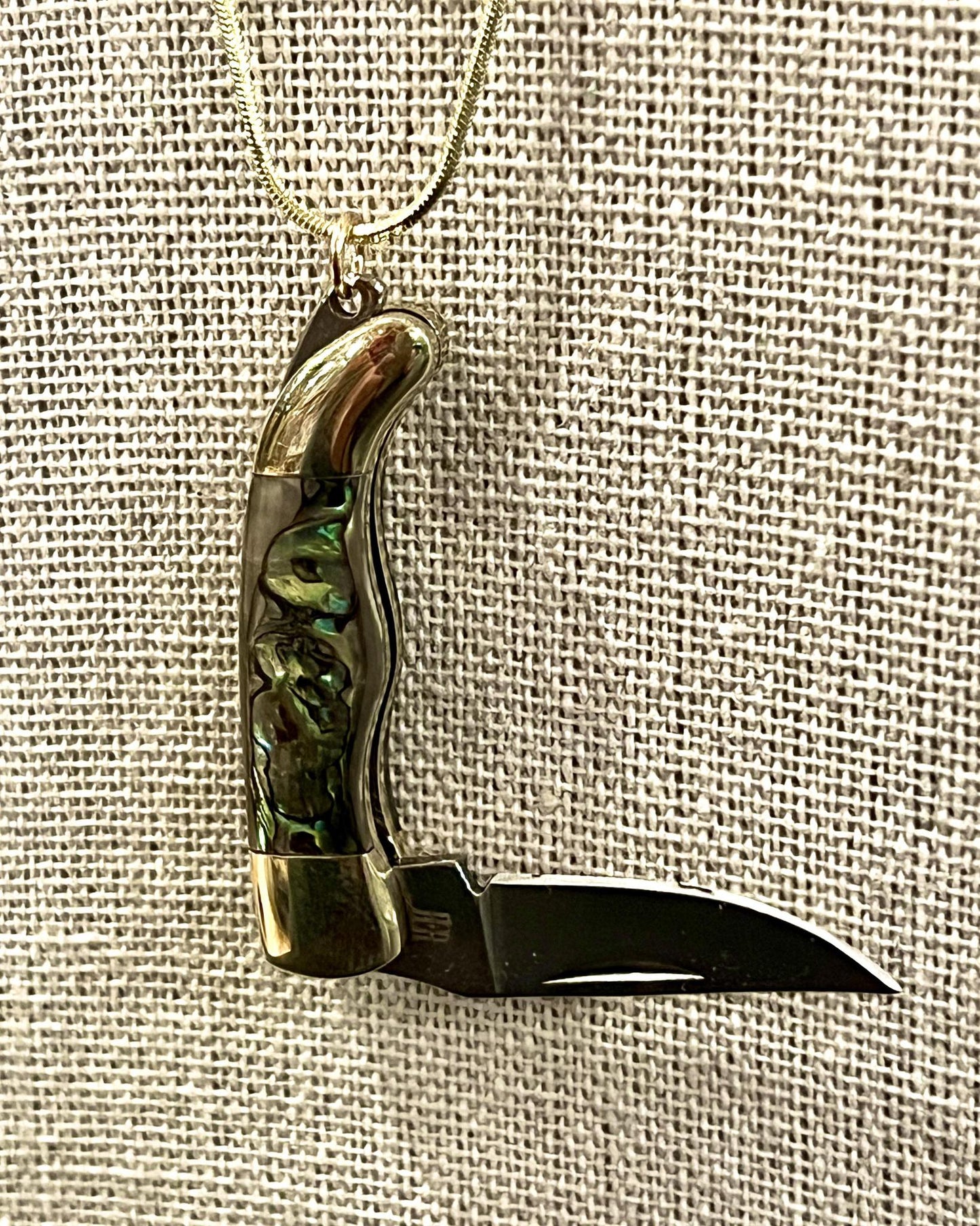 1979 Jewelry Knife Necklace 1.5 inch Multi Colored Abalone - 14kt GF chain