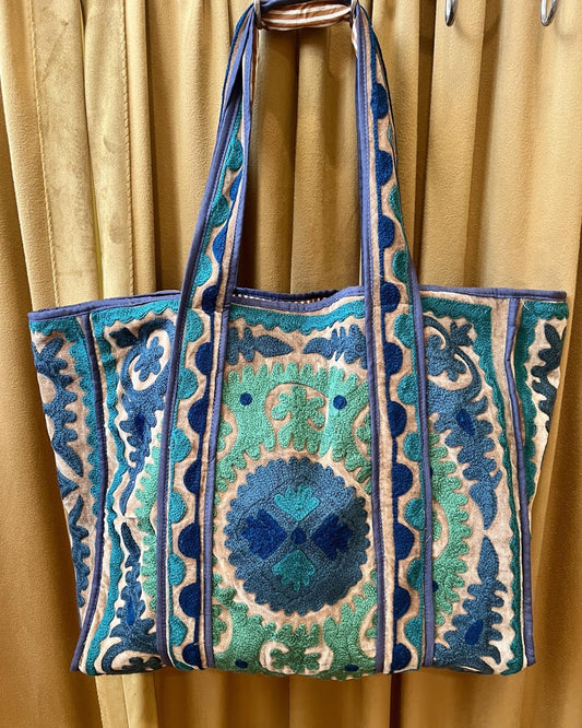 Txtile Velvet Suzani Tote Bag in Shades of Green and Blue