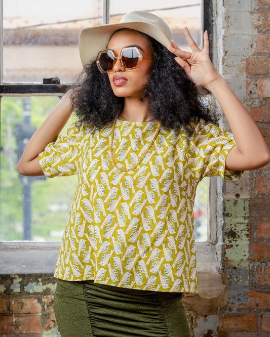 Squasht Puff Sleeve Top in Chartreuse Cotton Poplin Birds Print 🦜