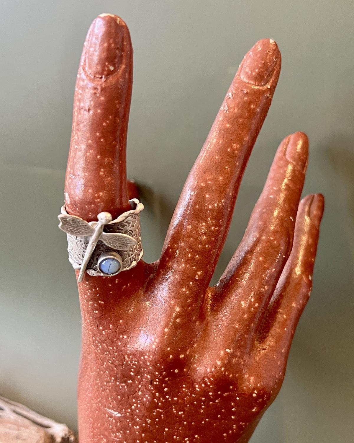 Pajaro Negro Opal and Dragonfly Antiqued Silver Ring