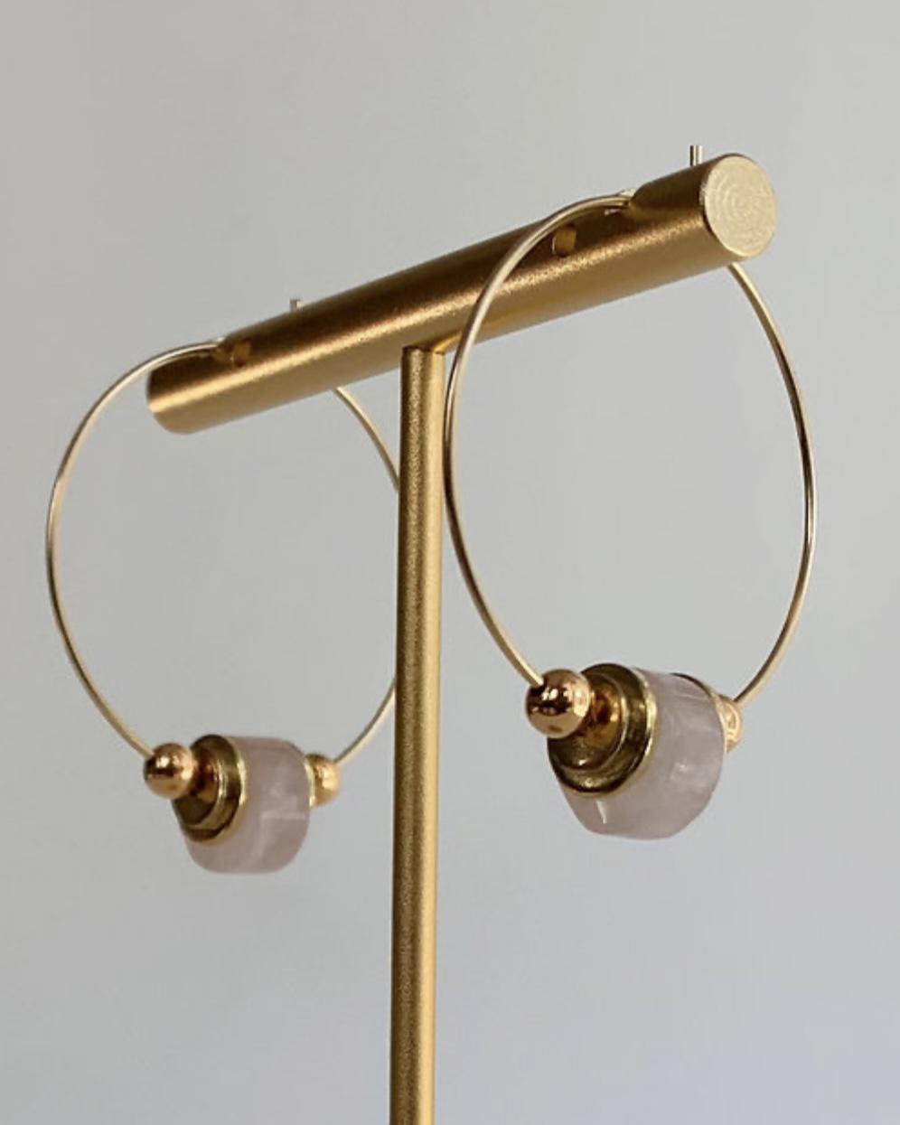 caliLOVESchi 14k Gold Hoops - Rose Quartz