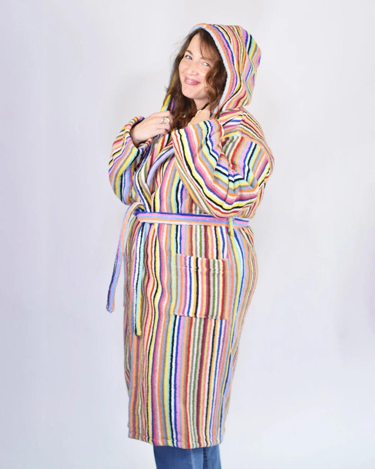 Txtile Turkish Cotton Plush Hooded Terry Cloth Robe - Rainbow Stripes