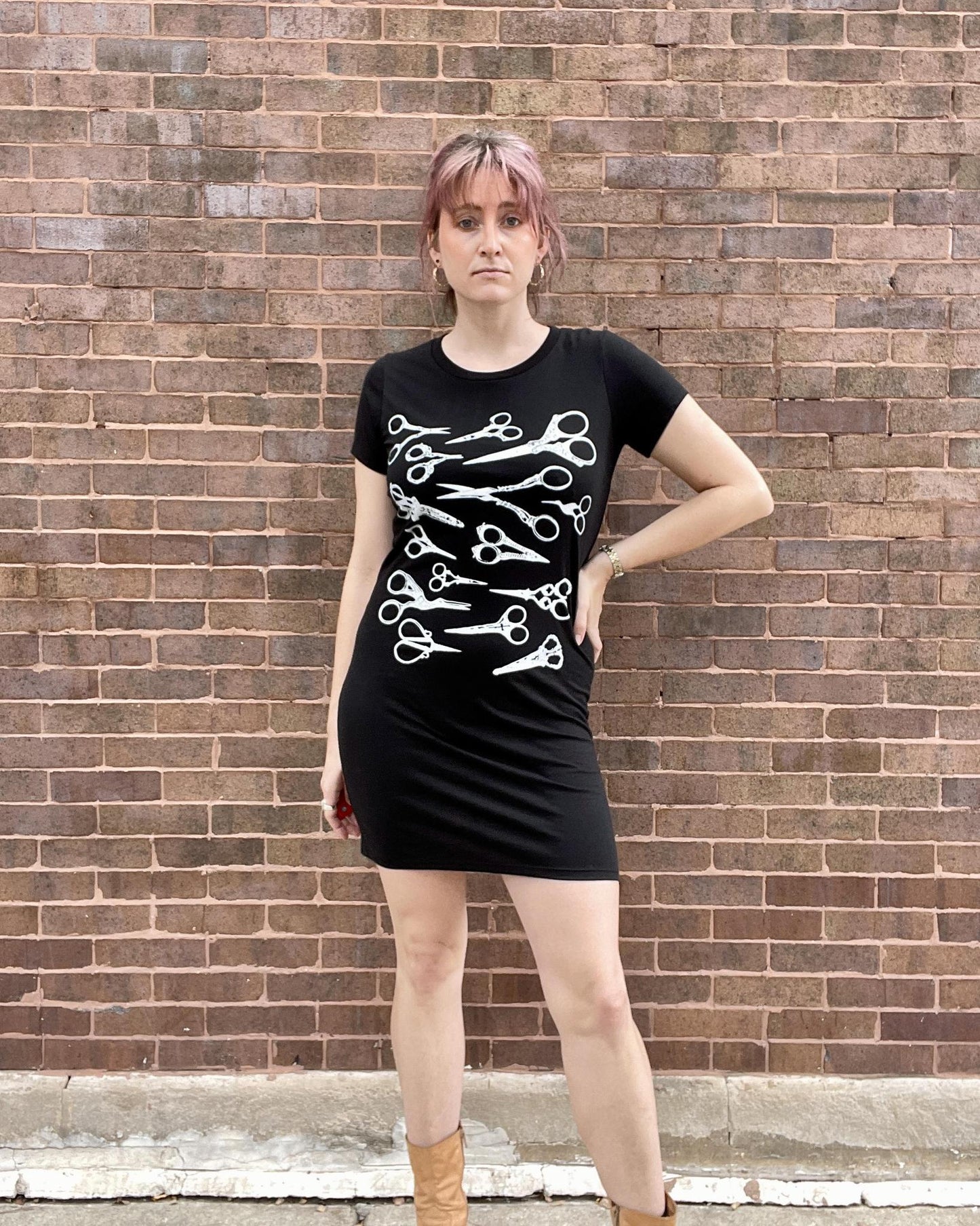 Mad Love Black Tee Dress with Scissors Print