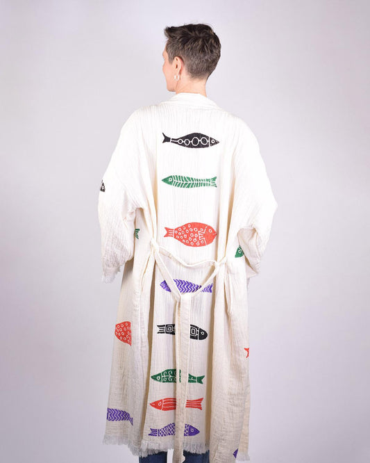 Txtile Luxury Turkish Cotton Kimono/Robe in Fish Party