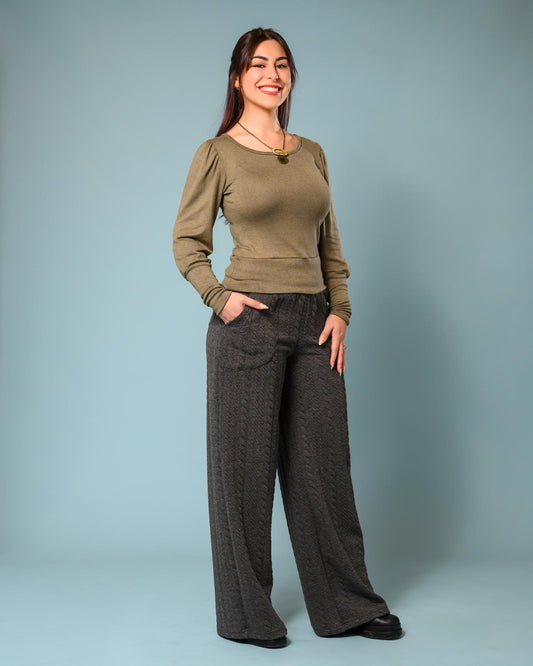 Squasht Wide Leg Long Length Pants in Medium Gray with Rope Texture