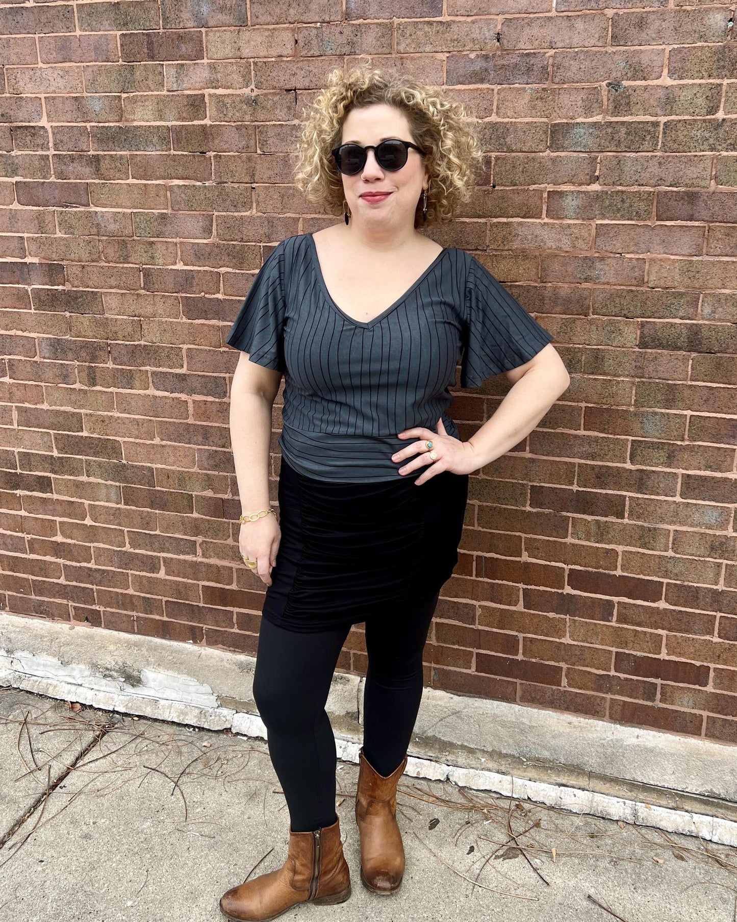 Squasht Bell Sleeve Ballet Top in Gray Lines Print