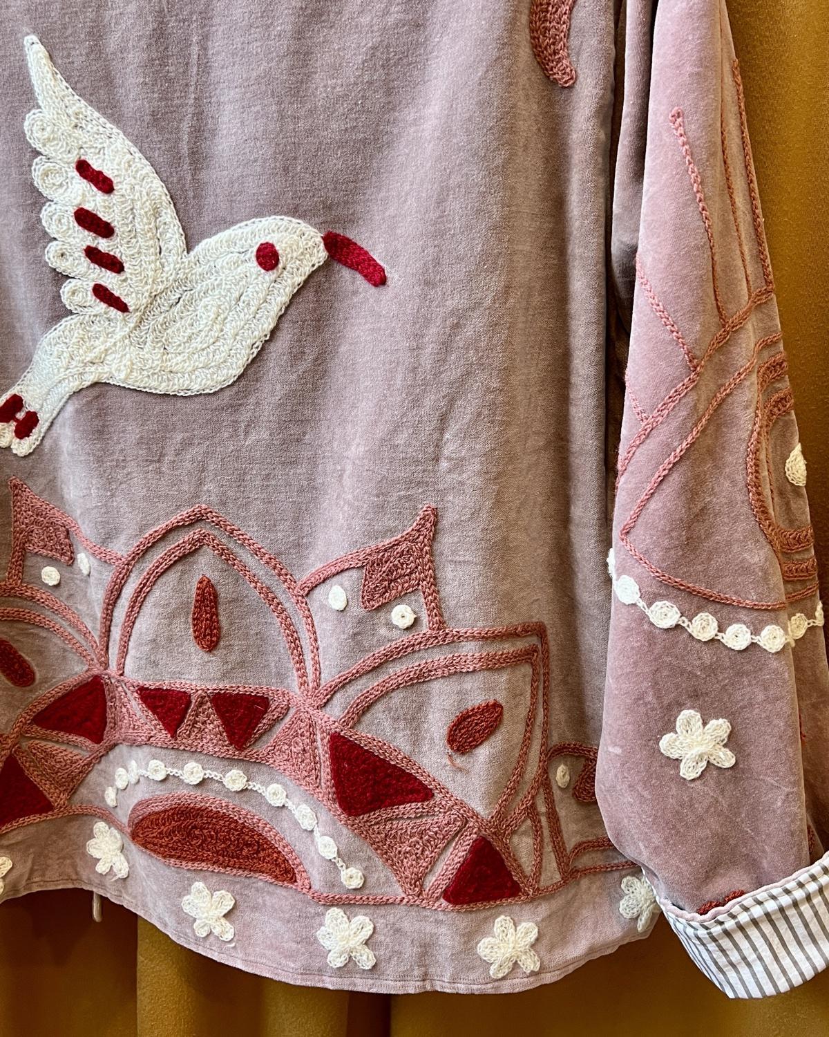 Txtile Blush Pink Velvet Jacket with Embroidered Dove Design