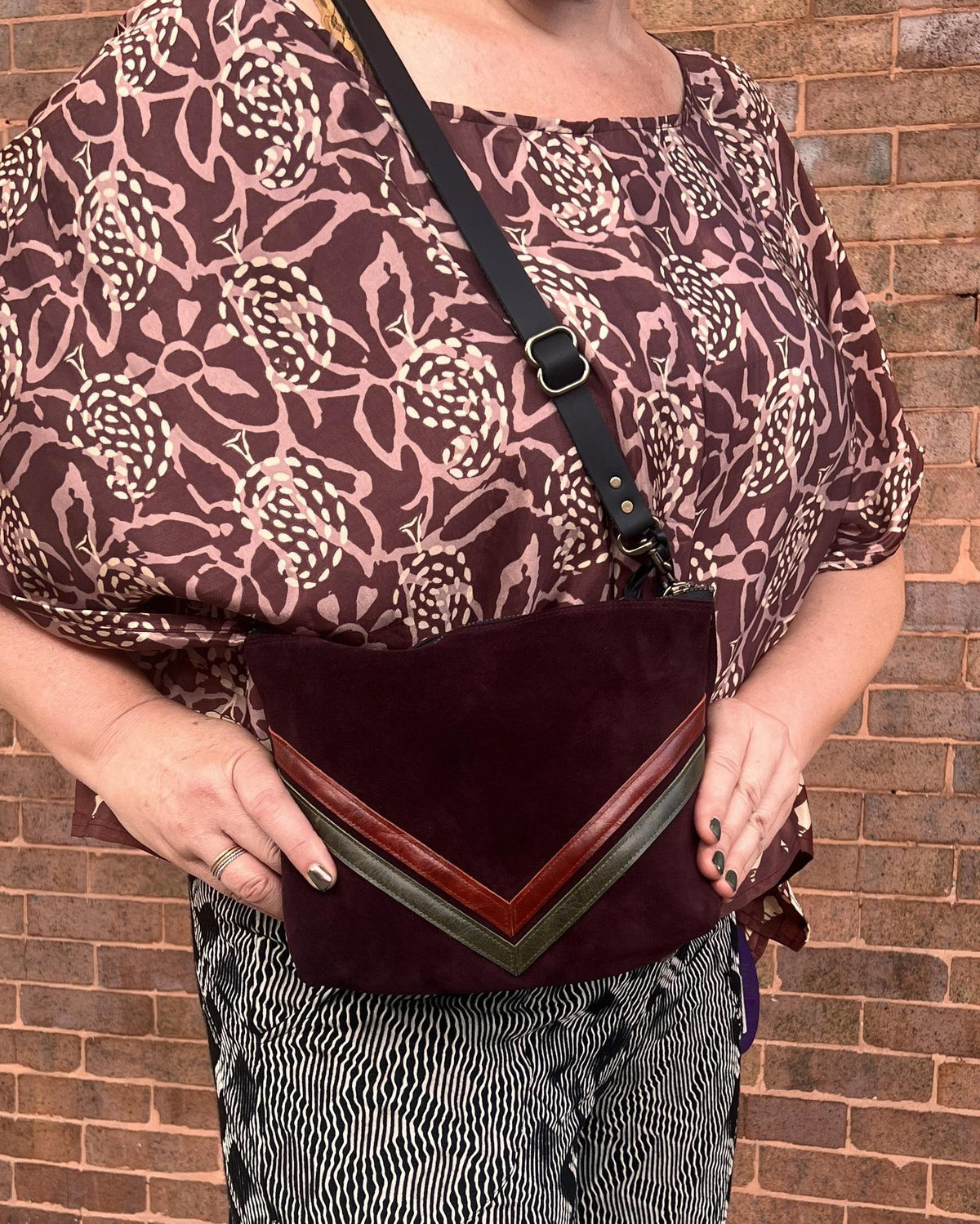 Vallente Leather Chevron Handbag - Plum Suede with Rust and Olive Chevron Details