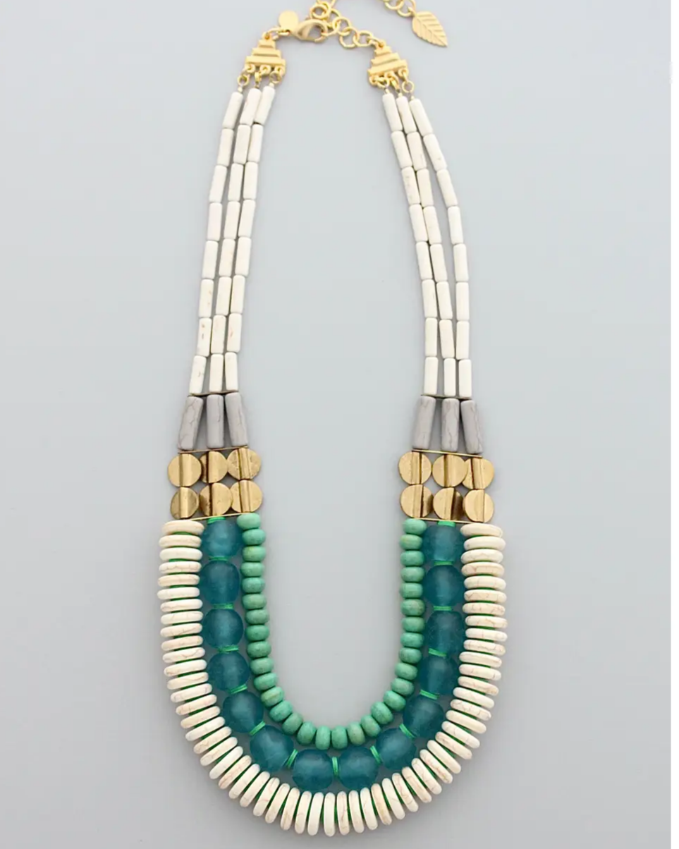 David Aubrey Triple Strand Necklace in White, Aqua, and Turquoise