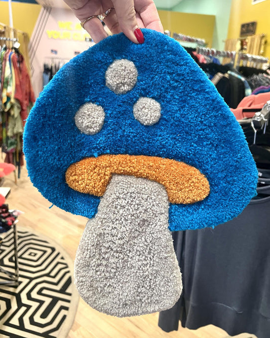 Hi Cutie Mushroom Wall Hanging in Dark Teal, Orange, and Gray