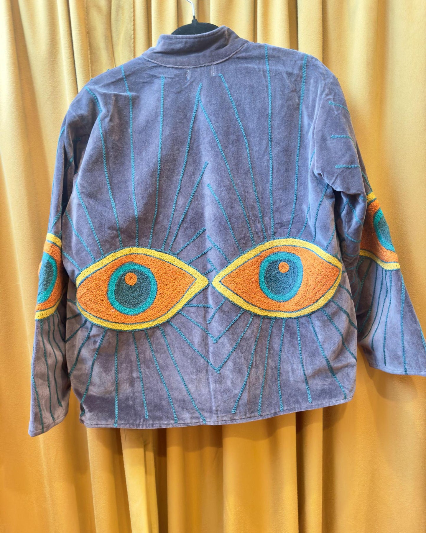 Txtile Velvet Evil Eye Jacket in Dark Gray with Orange Eyes