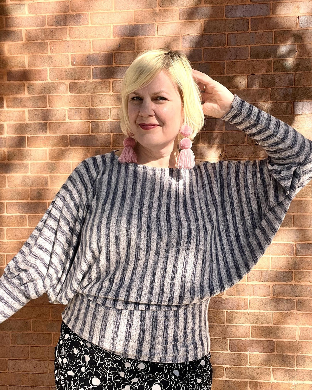 Squasht Batwing Sweater in Lightweight Light Gray and Blue Stripes