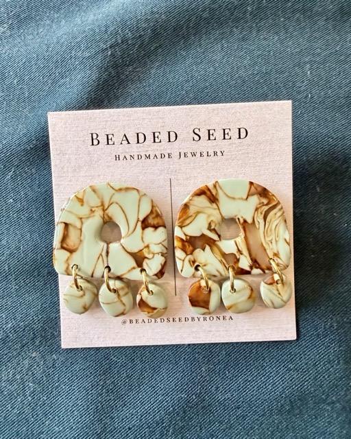 Beaded Seed by Ronea Stud Dangle Earrings in Mint & Brown Marble