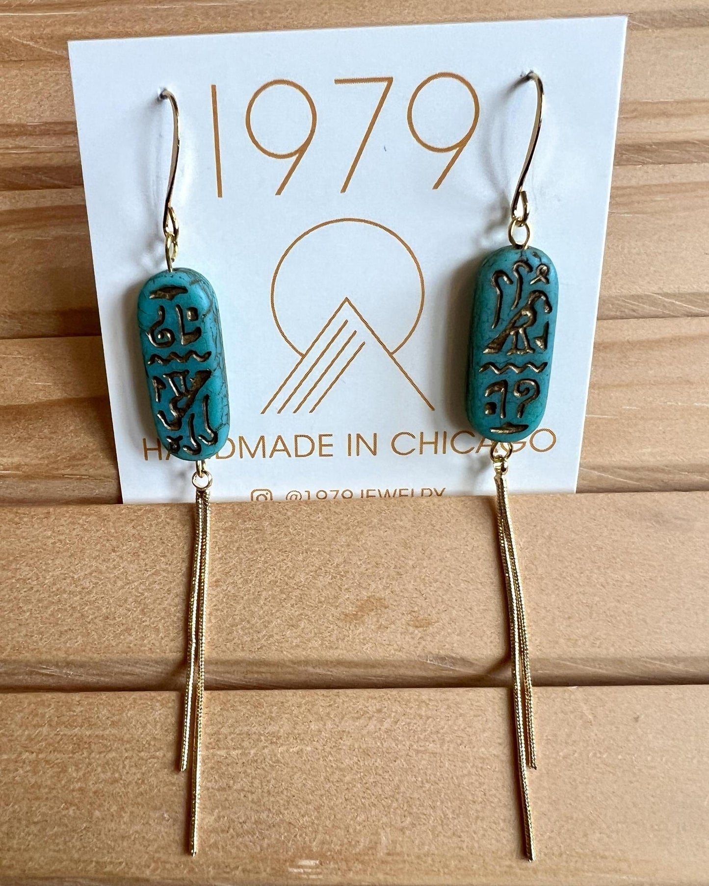 1979 Jewelry Brass Earrings Turquoise Hieroglyphics with Brass Chains