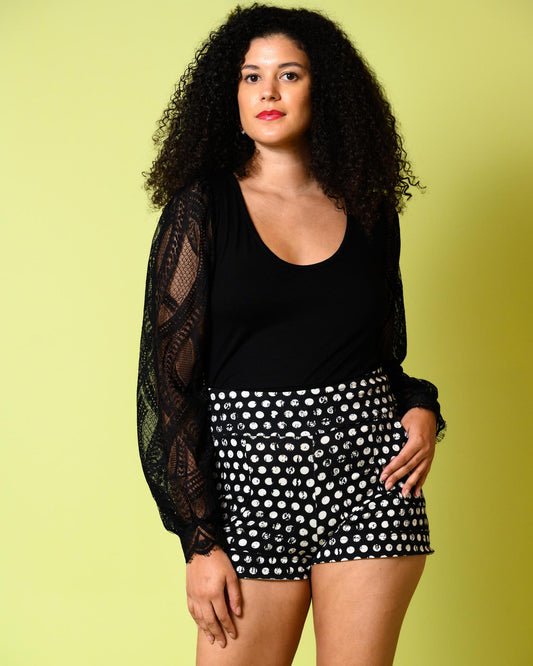 Squasht Short Shorts in Black with White Distressed Polka Dots