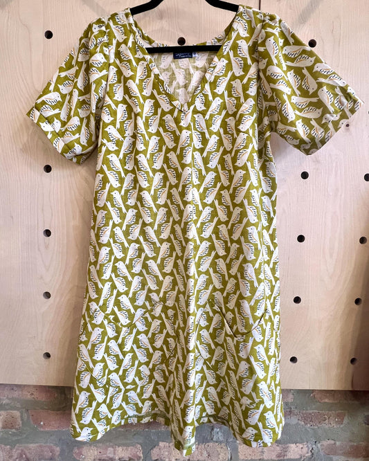 PRE-ORDER Squasht Winifred Dress Chartreuse Cotton Poplin Birds Print 🦜