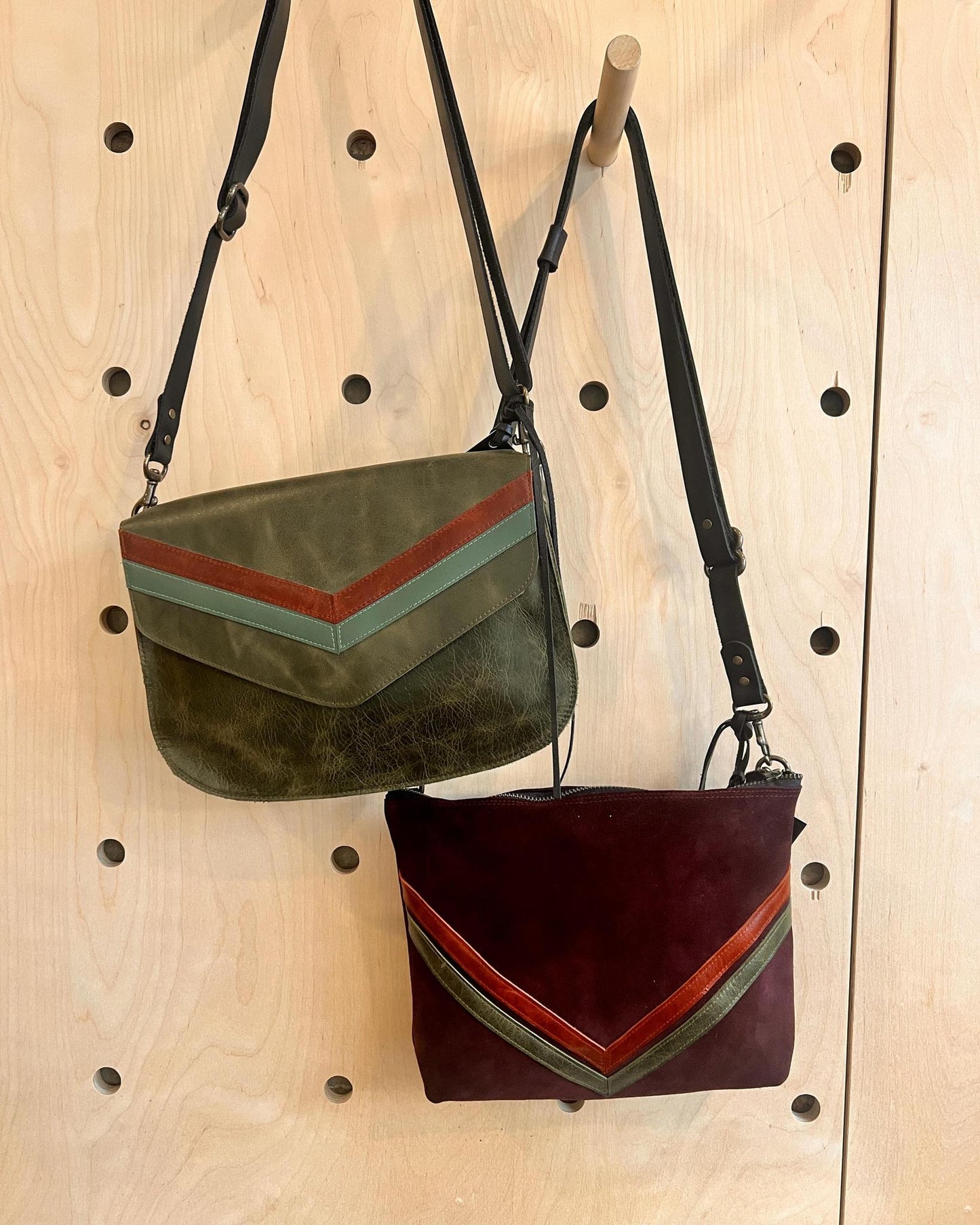 Vallente Leather Chevron Handbag - Plum Suede with Rust and Olive Chevron Details