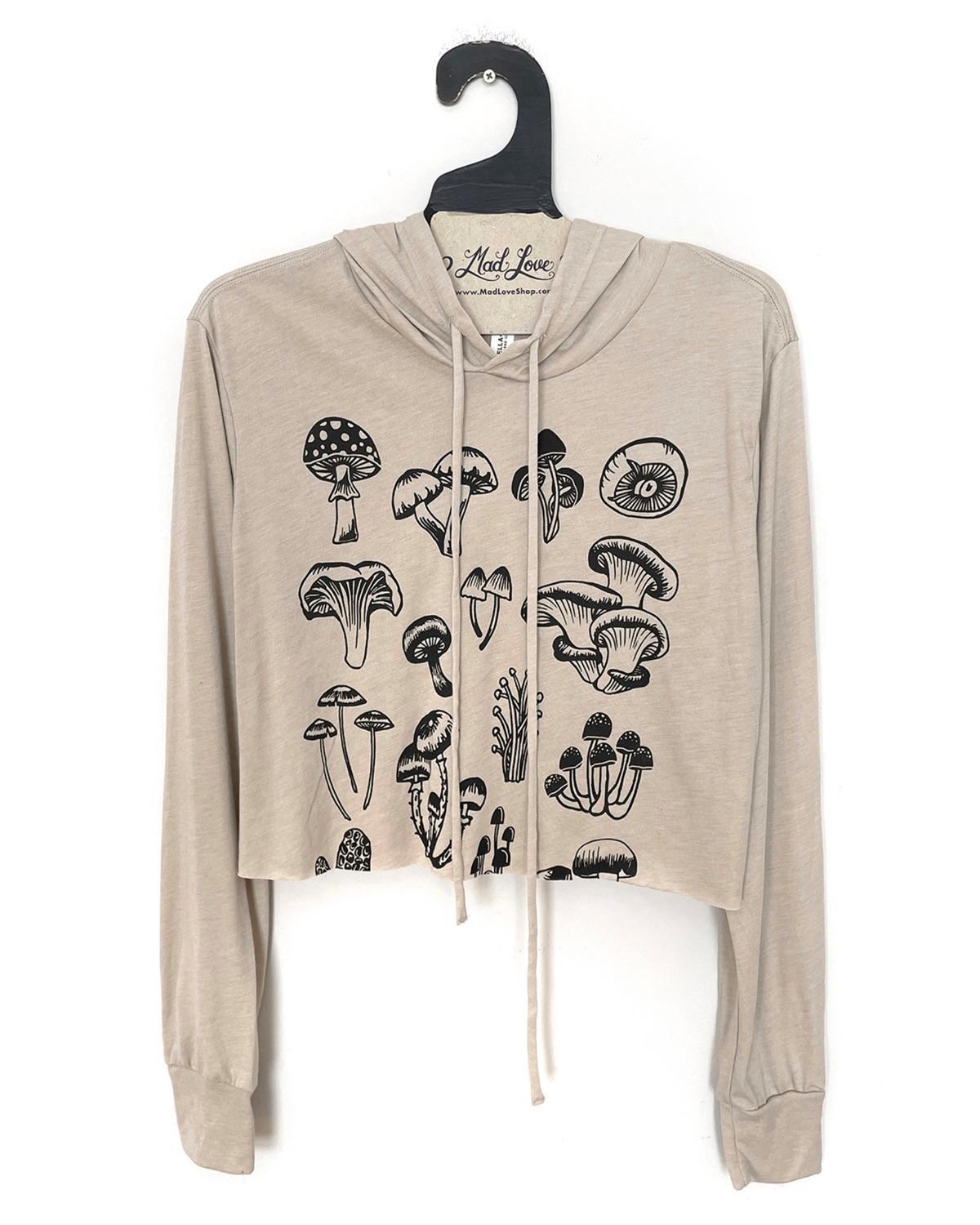 Mad Love Tan Lightweight Hooded Crop With Mushrooms